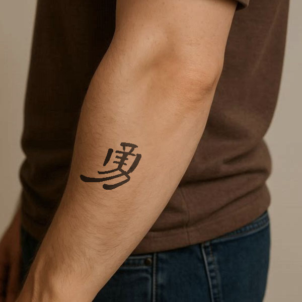Chinese tattoo placement example of Bravery (勇 yong) on forearm