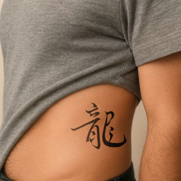 Chinese tattoo placement example of Dragon (龙 long) on ribcage