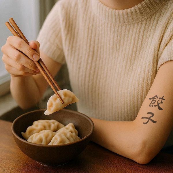 Chinese tattoo placement example of Dumplings (饺子 jiaozi) on upper arm
