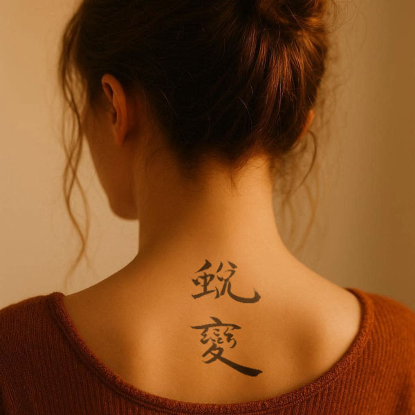 Chinese tattoo placement example of Transform (蜕变 tuibian) on back